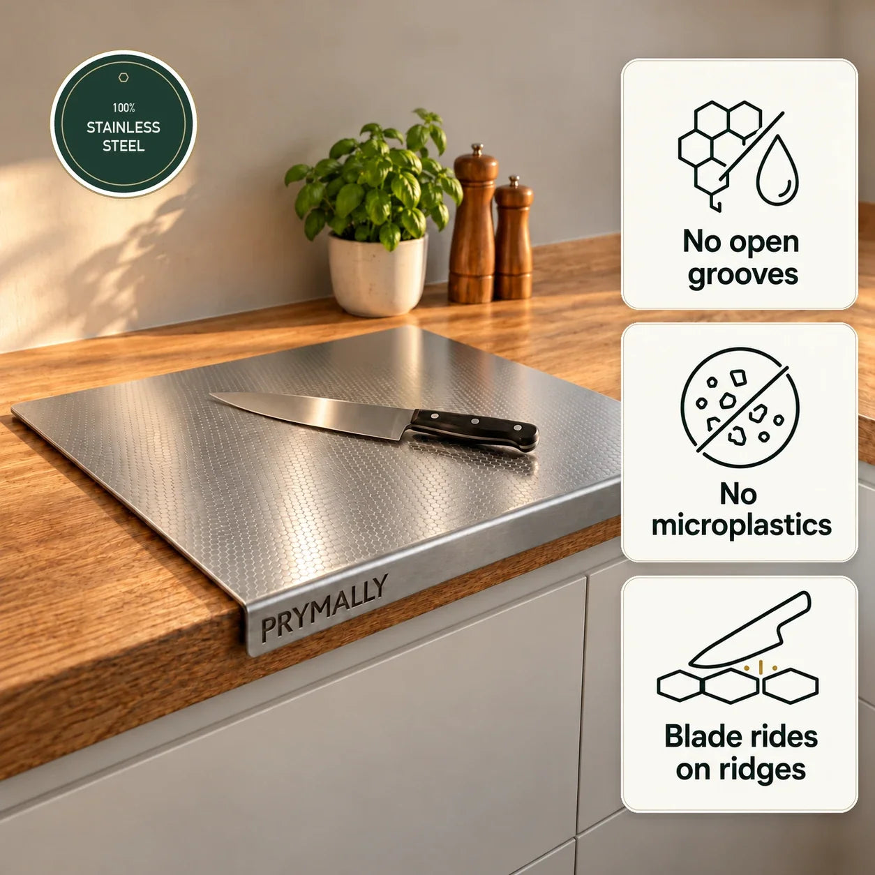 Prymally stainless steel cutting board on the counter