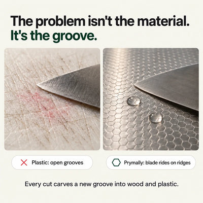 Grooved plastic board next to the Prymally honeycomb surface